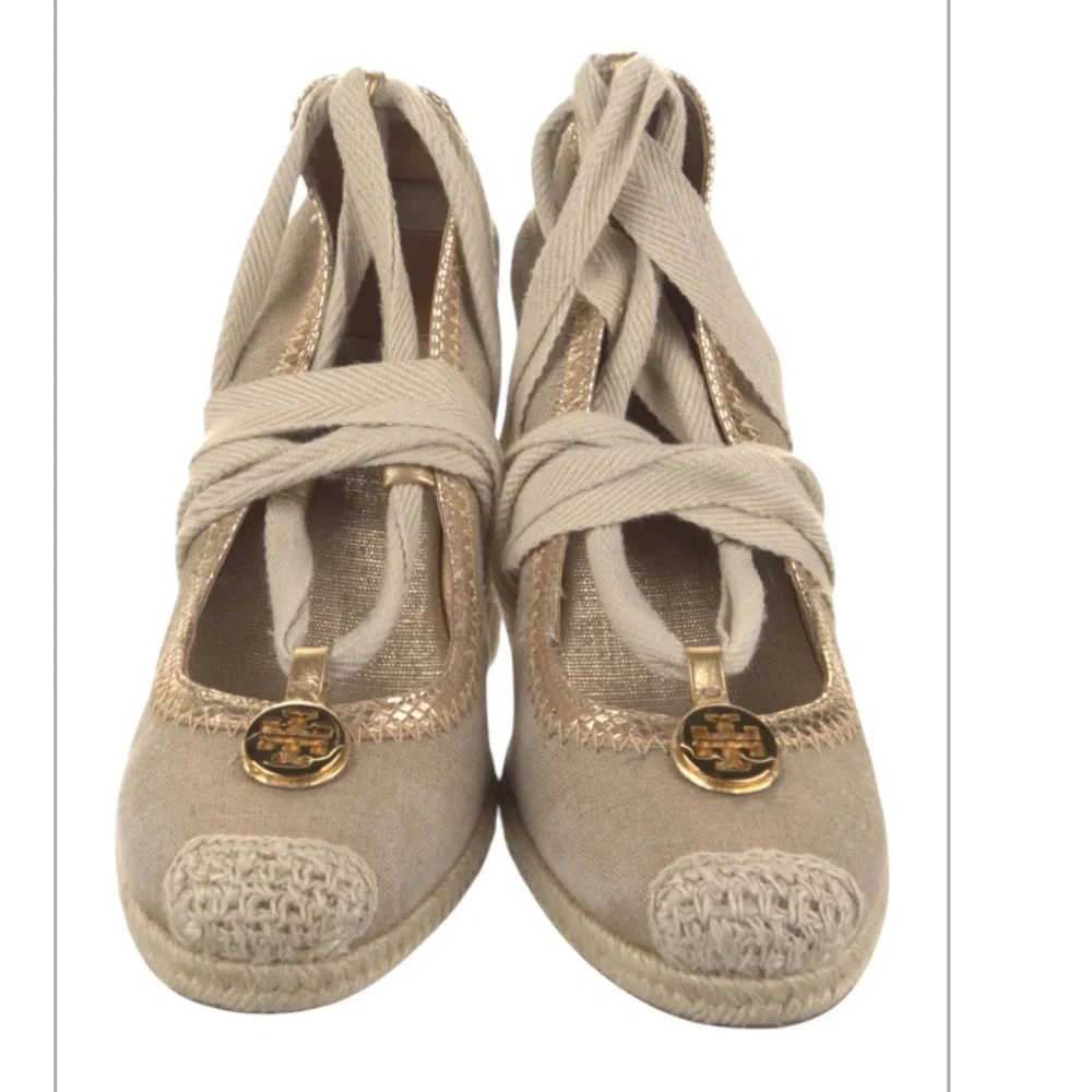 Tory Burch Canvas Leather Trim Embellishment Slingback Pumps Women's Size: 11